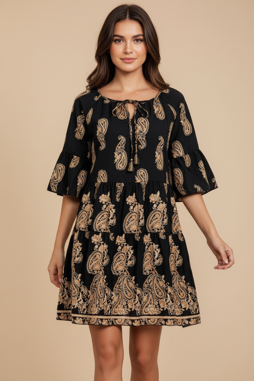 Paisley Print A-Line Dress by SR Store; black with beige paisley pattern, tie-neck tassels