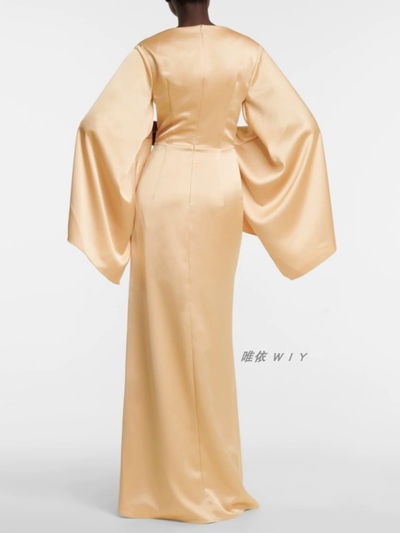 Bell Sleeve Satin Slit Maxi Dress