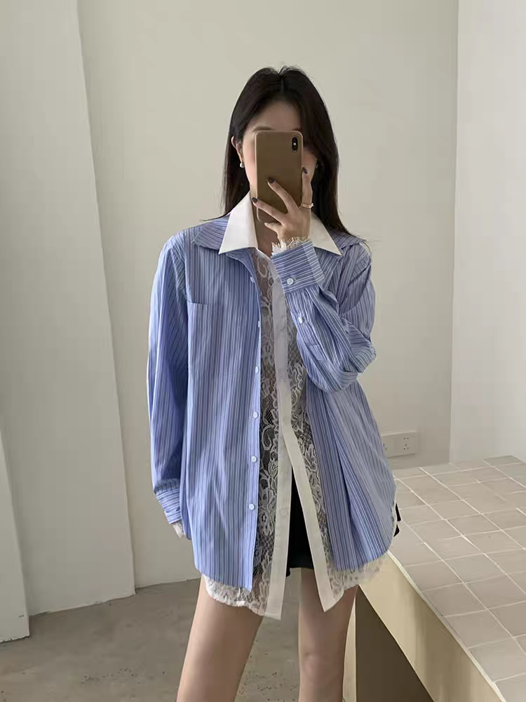 Oversized Fit Shirt with Attached Lace