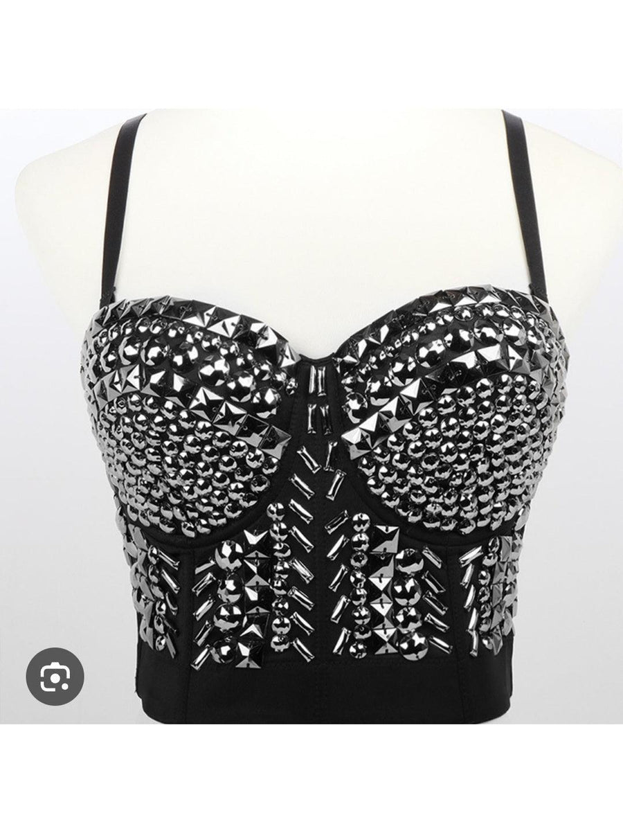 Strapless Bralette Bustier Top by EXCLUSIVES, black fabric with silver-tone pyramid studs across cups.