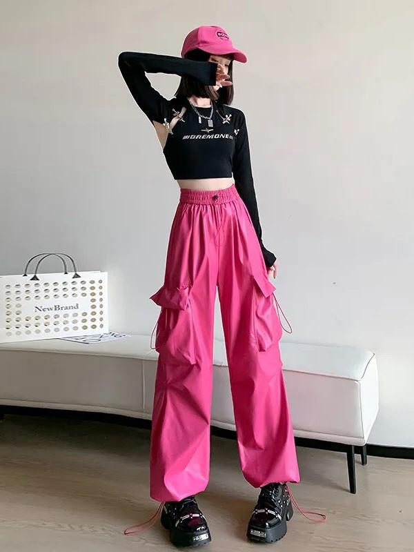 Faux Leather Cargo Pants by SR Store in pink with cargo pockets