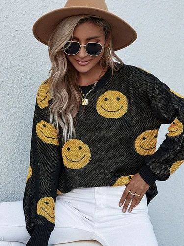 Smiley Face Long Sleeve Black Sweater, black knit with yellow smiley motifs