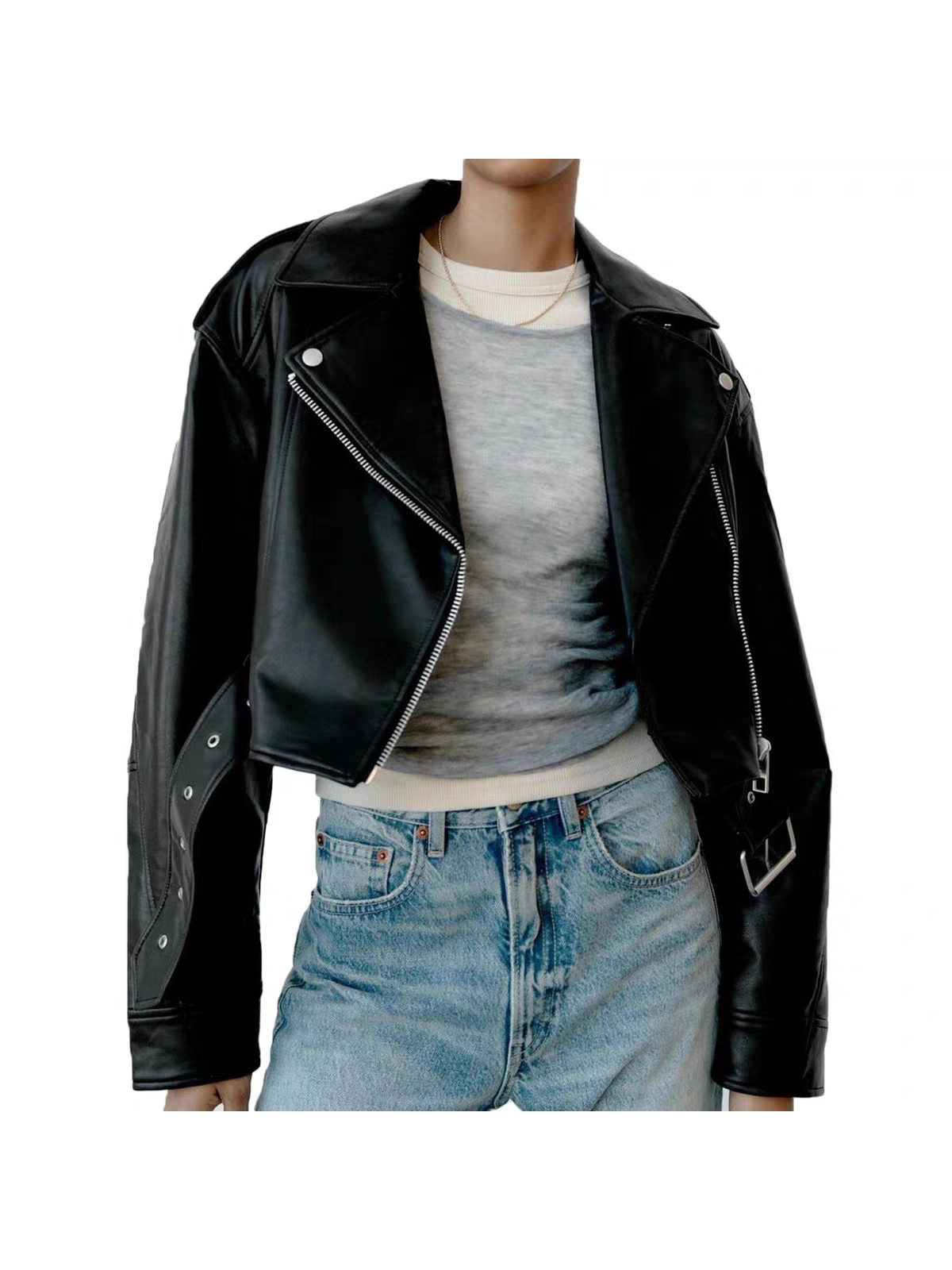 PU Leather Lapel Collar Crop Jacket With Belt in black by EXCLUSIVES, jackets on sale