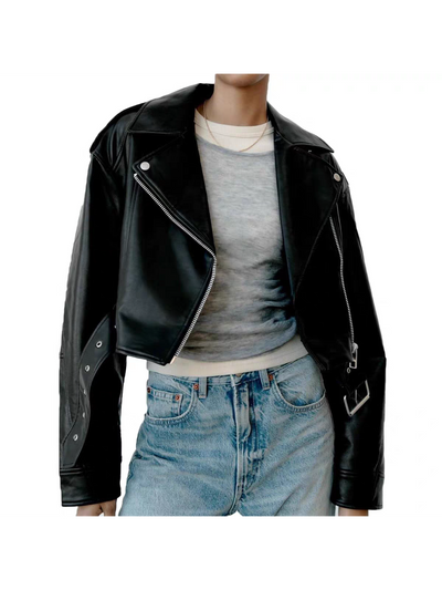 PU Leather Lapel Collar Crop Jacket With Belt in black by EXCLUSIVES, jackets on sale