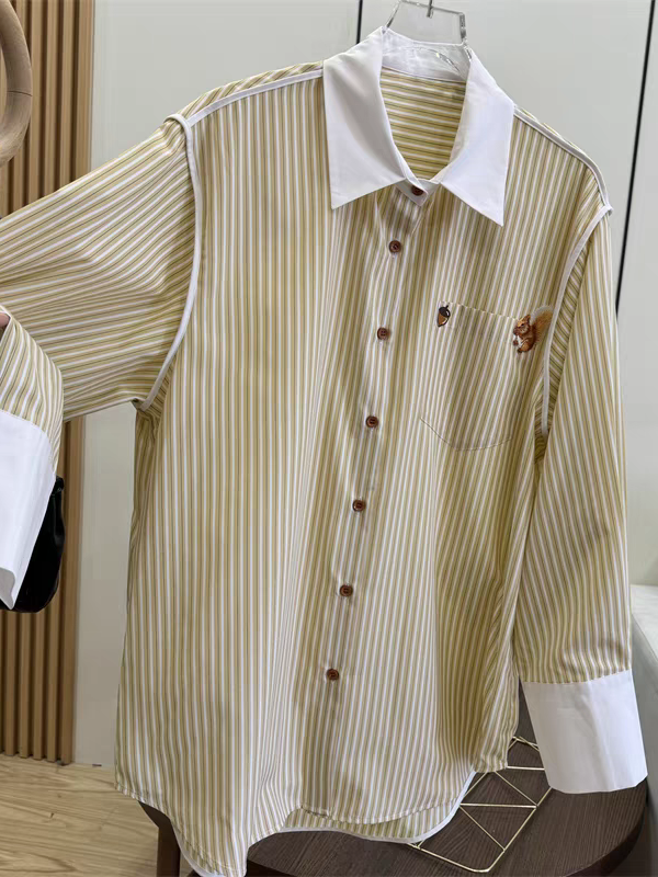 Beige Striped Shirt Dress with Pockets