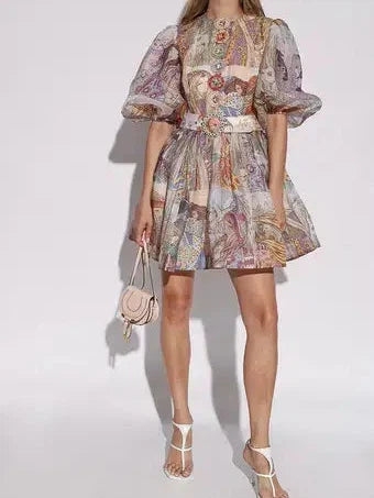 Abstract Vintage flower patch Dress with Belt