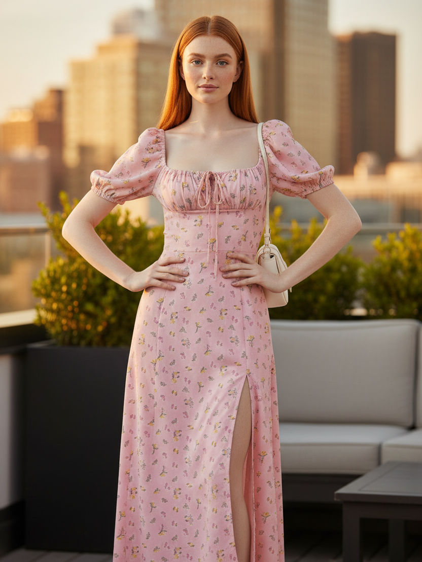 Floral Print Slit Maxi Dress in pink with puff sleeves, square neckline and front tie.