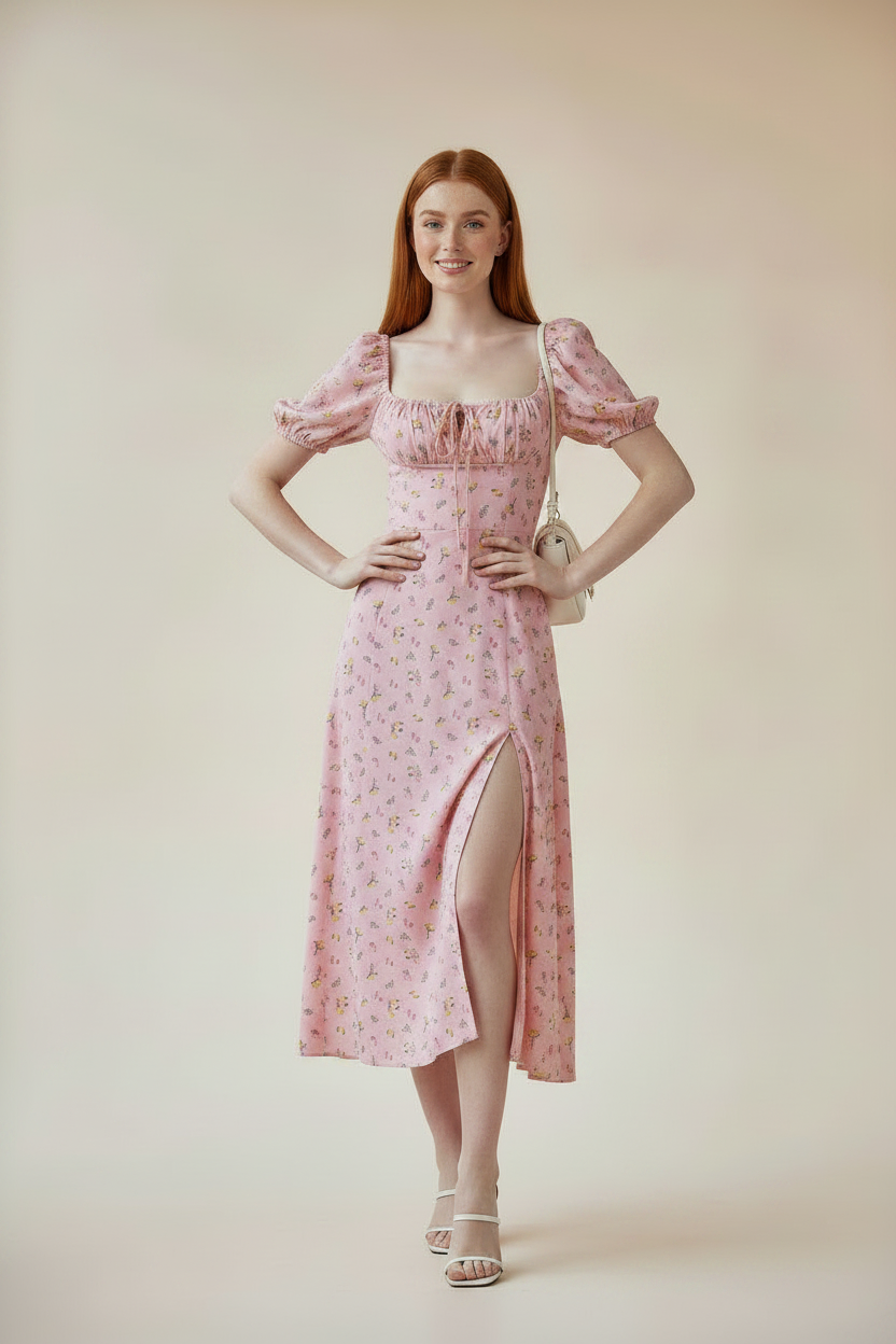 Floral Print Slit Maxi Dress in pink with puff sleeves, square neckline and front tie.