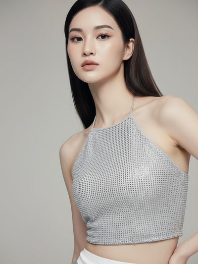 Rhinestone Mesh Halter Top by SR Store, silver cropped halter with sparkling rhinestones