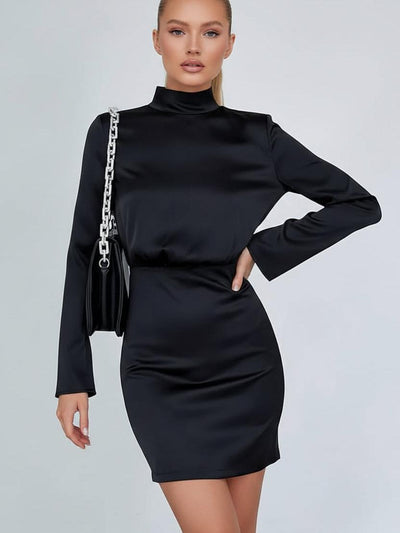 Satin high-neck backless A-line short dress in black with chain-strap handbag