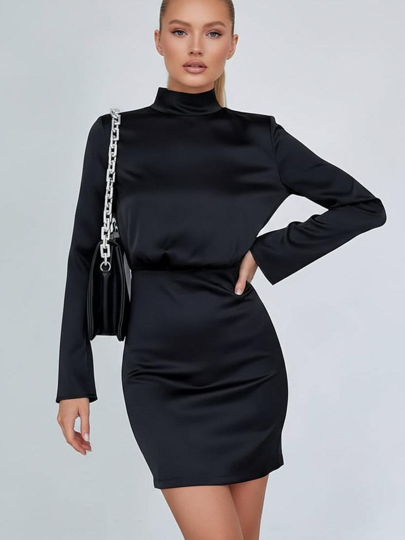 Satin high-neck backless A-line short dress in black with chain-strap handbag