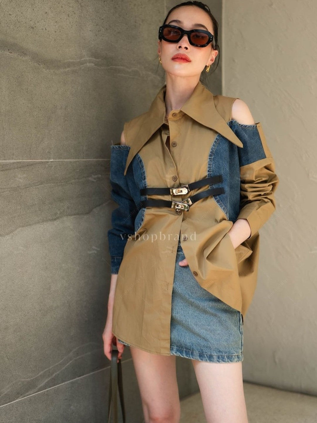 Denim Cutout Shoulder Belted Shirt