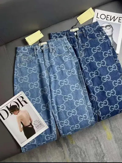 Denim Printed Wide-Leg Pants SR Store, blue-toned denim with a repeating logo pattern, on sale; three pairs