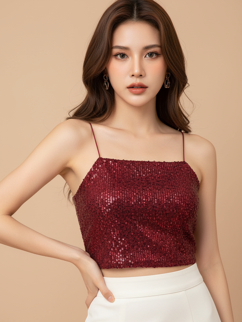 Rhinestone Mesh Halter Top, red sequin fabric with thin spaghetti straps