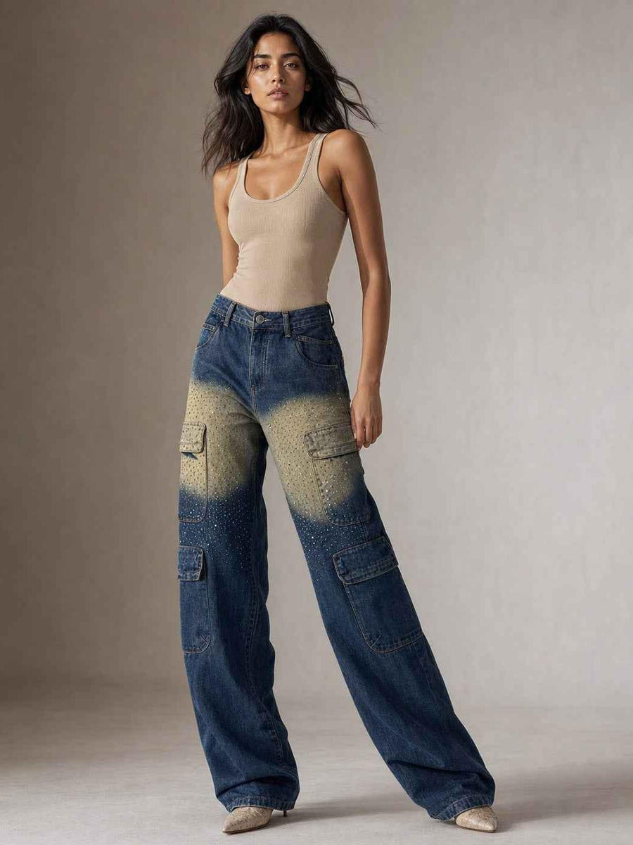 Rhinestone Denim Cargo Pants