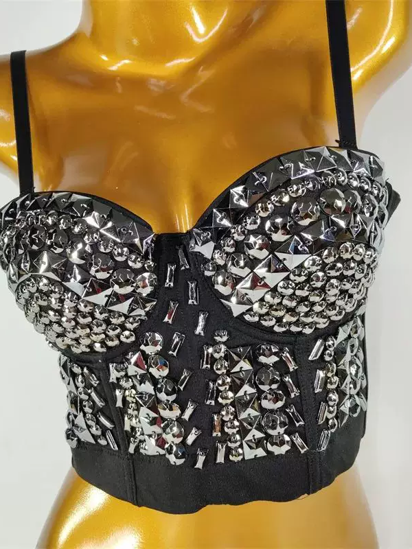 Strapless bralette bustier top in black with silver studded embellishments across cups and front panel