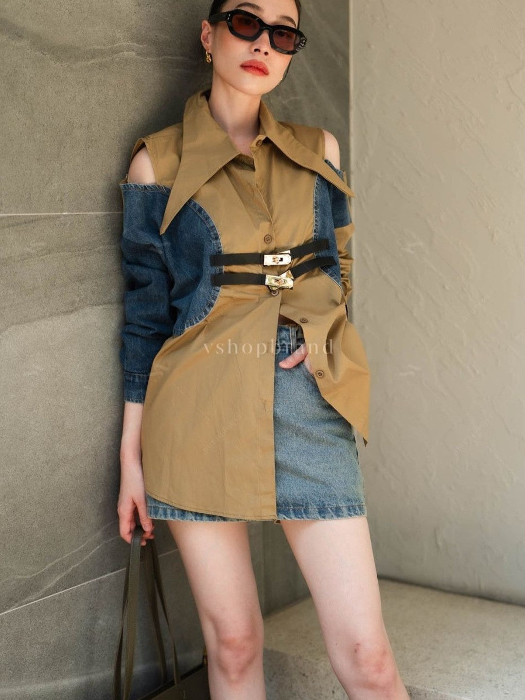 Denim Cutout Shoulder Belted Shirt