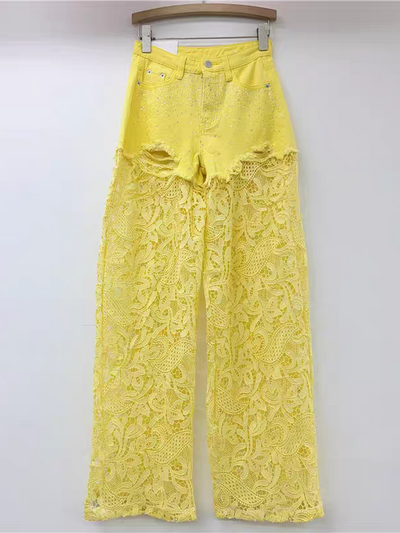 Rhinestone Lace Crochet Denim Pant