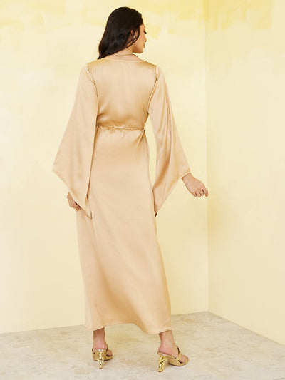 Bell Sleeve Satin Slit Maxi Dress beige satin SR Store Dresses