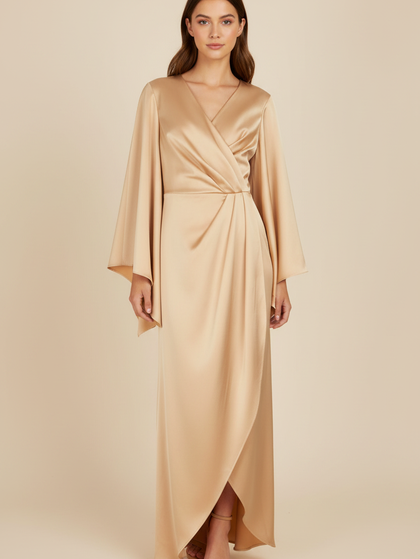 Bell Sleeve Satin Slit Maxi Dress in champagne, wrap-front design with draped waist