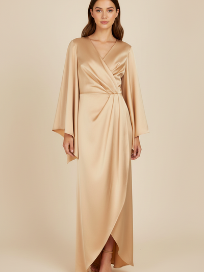 Bell Sleeve Satin Slit Maxi Dress in champagne, wrap-front design with draped waist