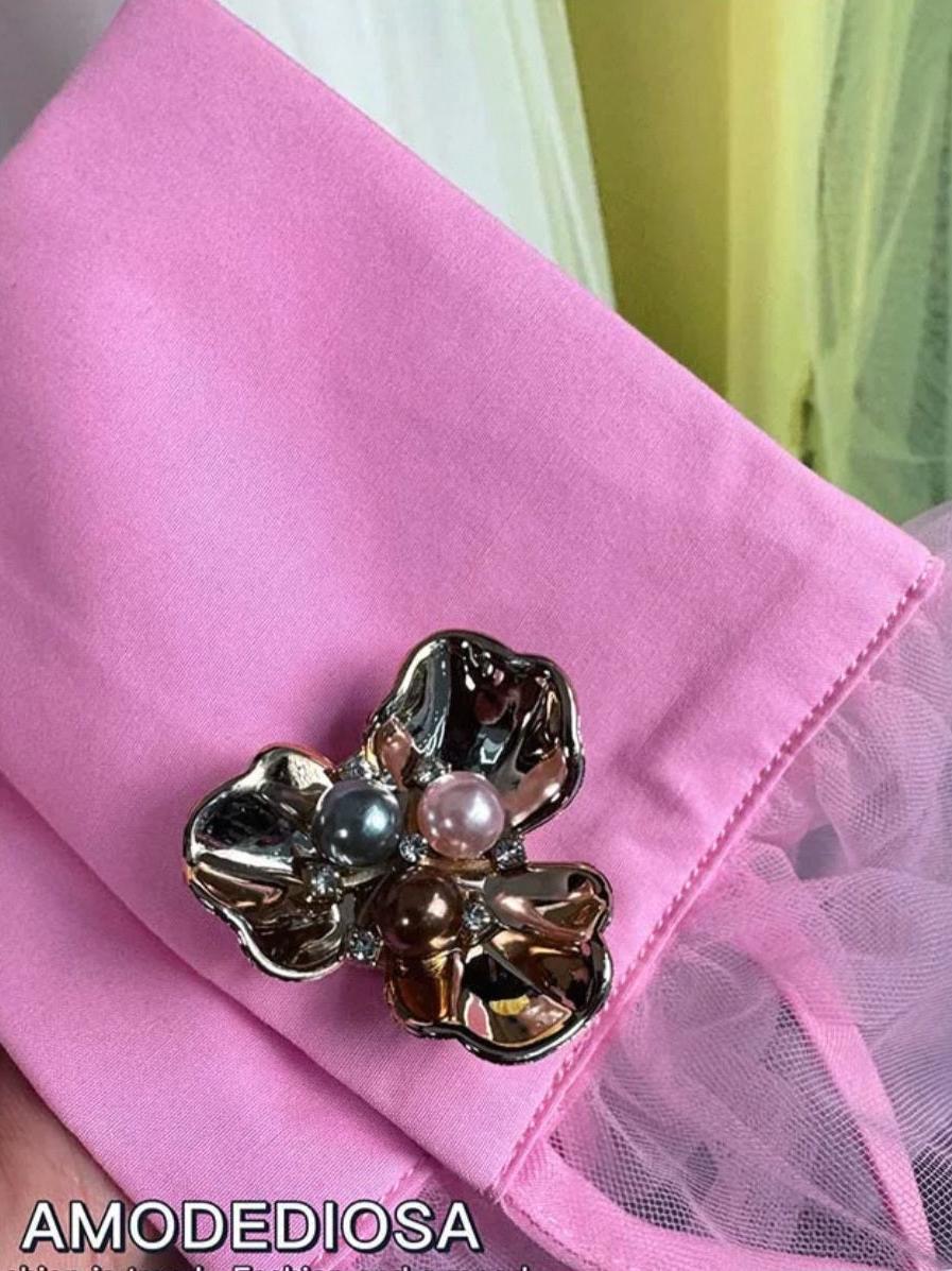 Embroidered Beads Oversized Fit Shirt Dress with Net Bell Sleeves