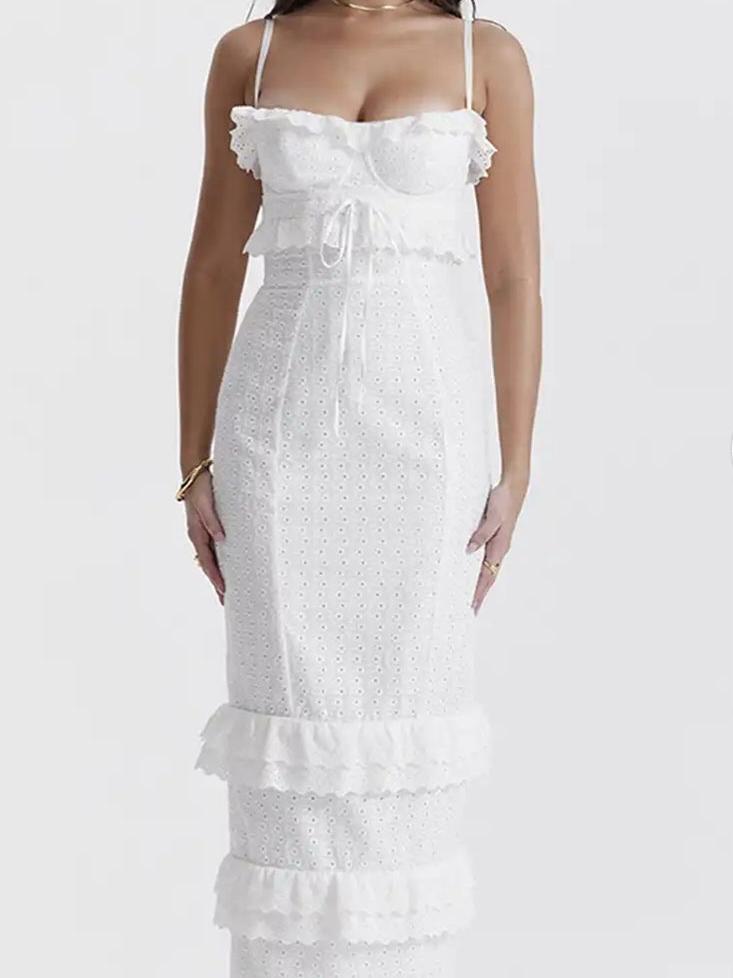 White Seraphine Ruffle Eyelet Maxi Dress with tiered ruffle hem
