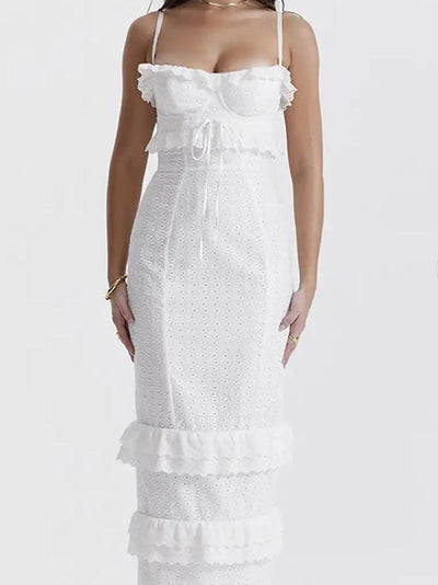 White Seraphine Ruffle Eyelet Maxi Dress with tiered ruffle hem