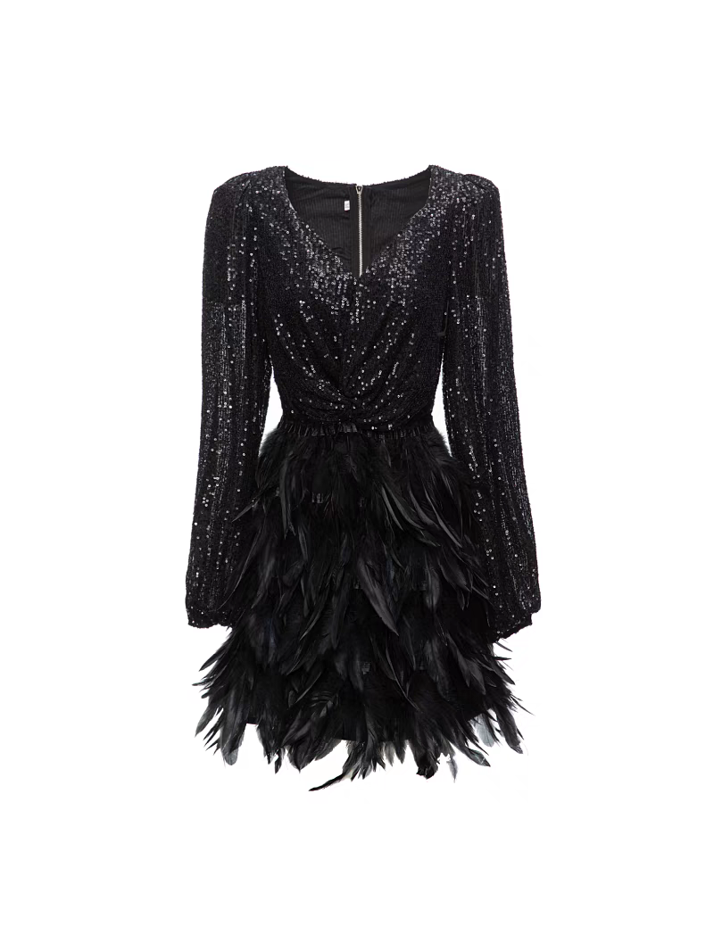 V neckline Sequins Feather Dress