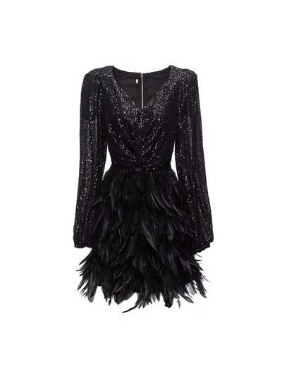 V neckline Sequins Feather Dress