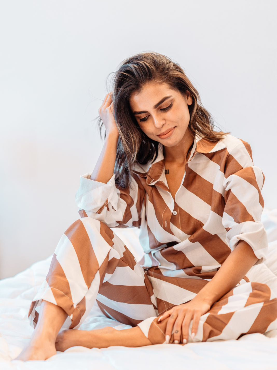 Stripe Print Shirt & Wide Leg Pants Coord Set