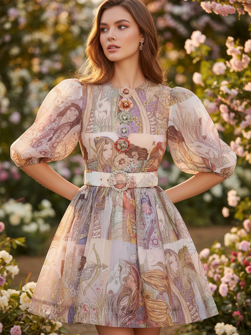 Abstract Vintage flower patch dress with belt, pastel print and puff sleeves.
