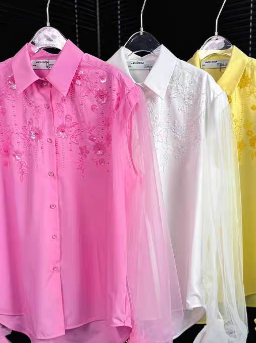 Embroidered Beads Oversized Fit Shirt Dress with Net Bell Sleeves