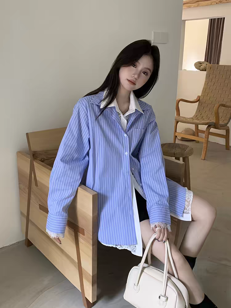 Oversized Fit Shirt with Attached Lace