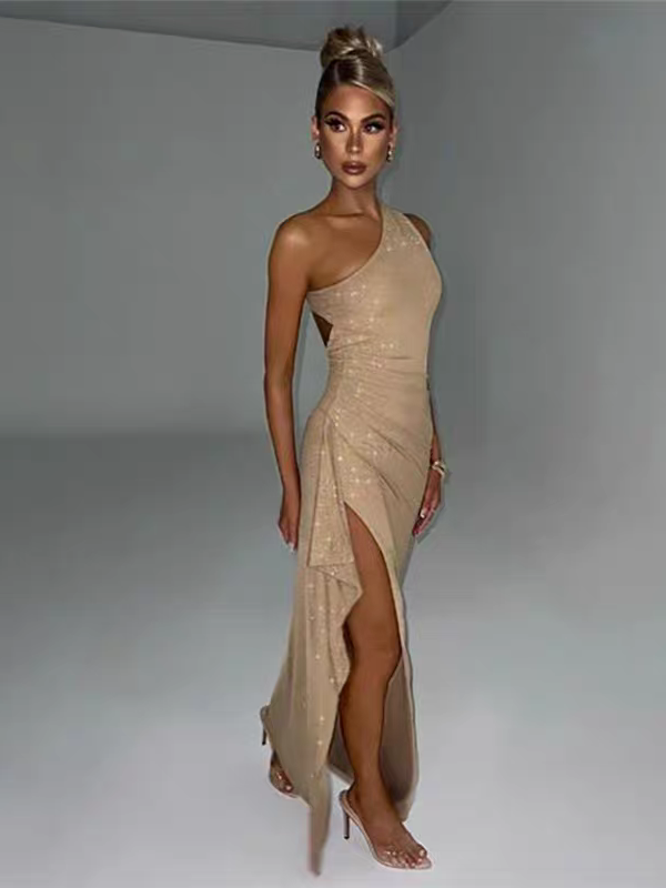 Shimmer One Shoulder Backless High Slit Maxi Dress
