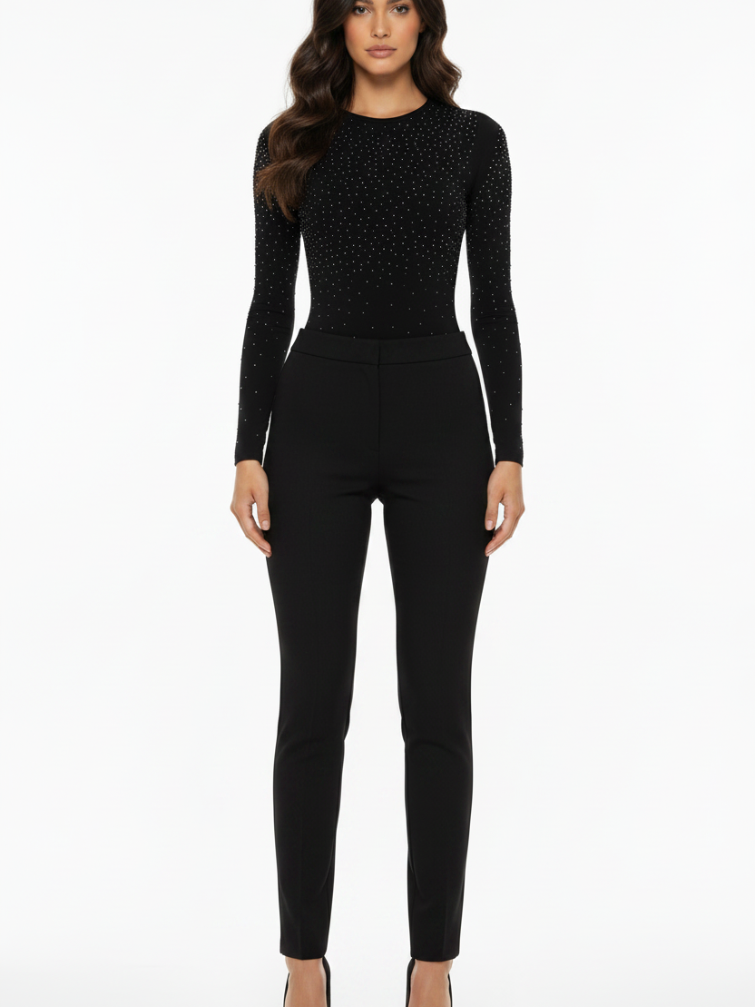 Black Mesh Rhinestone Bodysuit by SR Store, long-sleeve, on sale