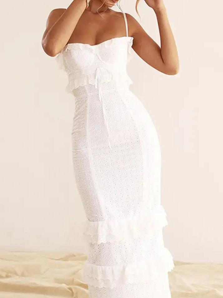 White Seraphine Ruffle Eyelet Maxi Dress by Exclusives, a long white eyelet gown with tiered ruffles