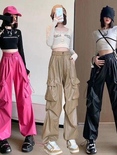 Faux Leather Cargo Pants on sale by SR Store; 3 colorways shown (pink, beige, black).