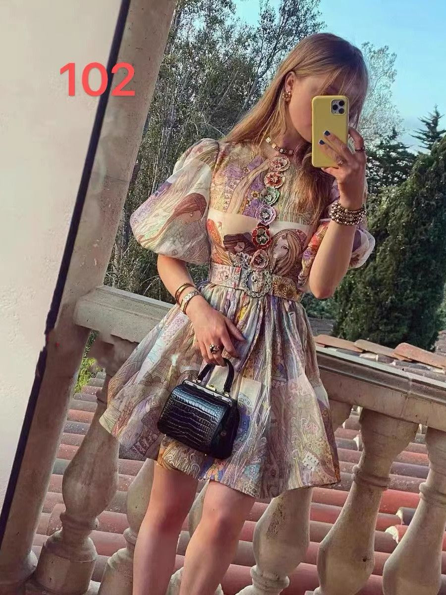 Abstract Vintage flower patch Dress with Belt