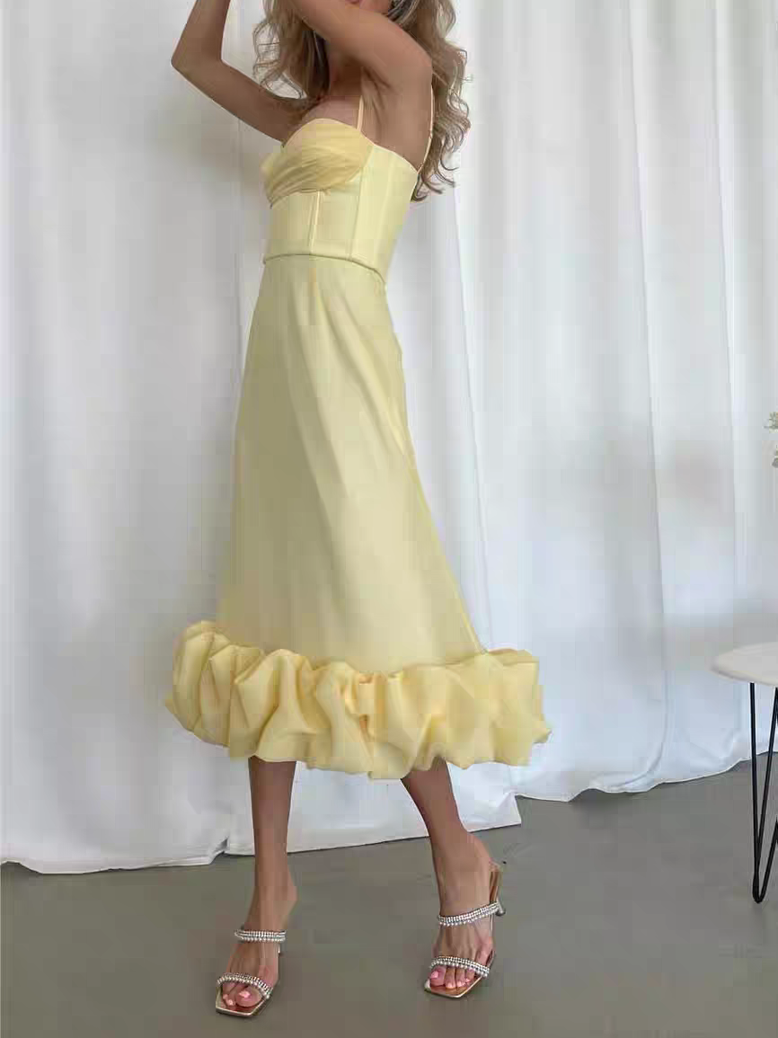 Suspenders Large Swing Three Dimensional Floral Dress by Exclusives; pale yellow midi dress with a ruffled hem