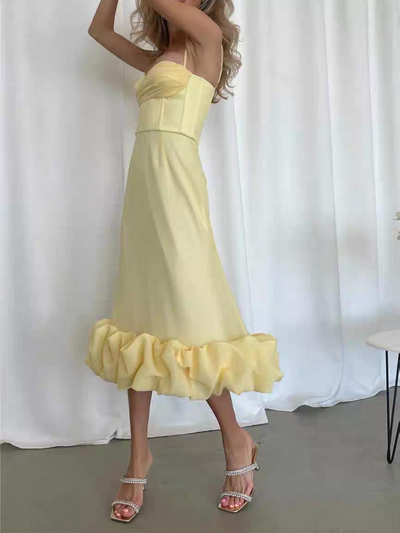 Suspenders Large Swing Three Dimensional Floral Dress by Exclusives; pale yellow midi dress with a ruffled hem