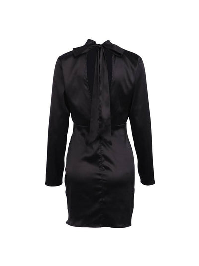 Satin Neck Backless High A-Line Short Dress, black, long-sleeve, SR Store