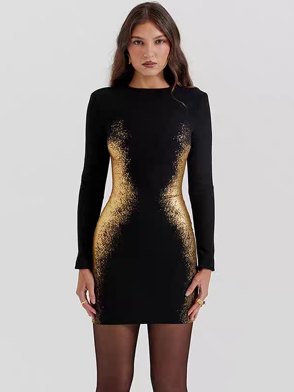 Black and Gold Full Sleeve Bodycon Short Dress