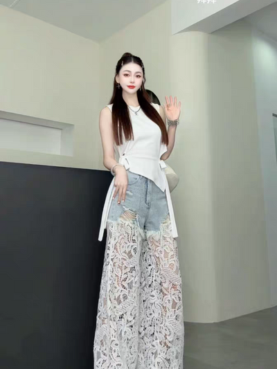 Rhinestone Lace Crochet Denim Pant