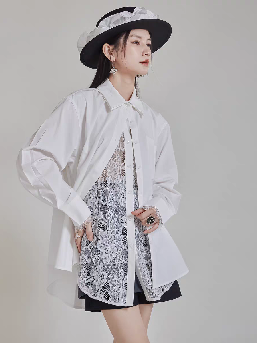 Oversized Fit Shirt with Attached Lace