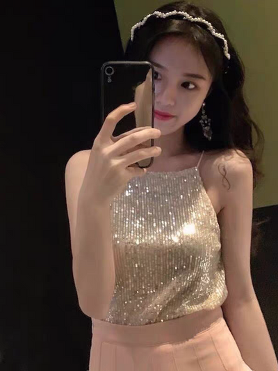 Rhinestone Mesh  Halter Top