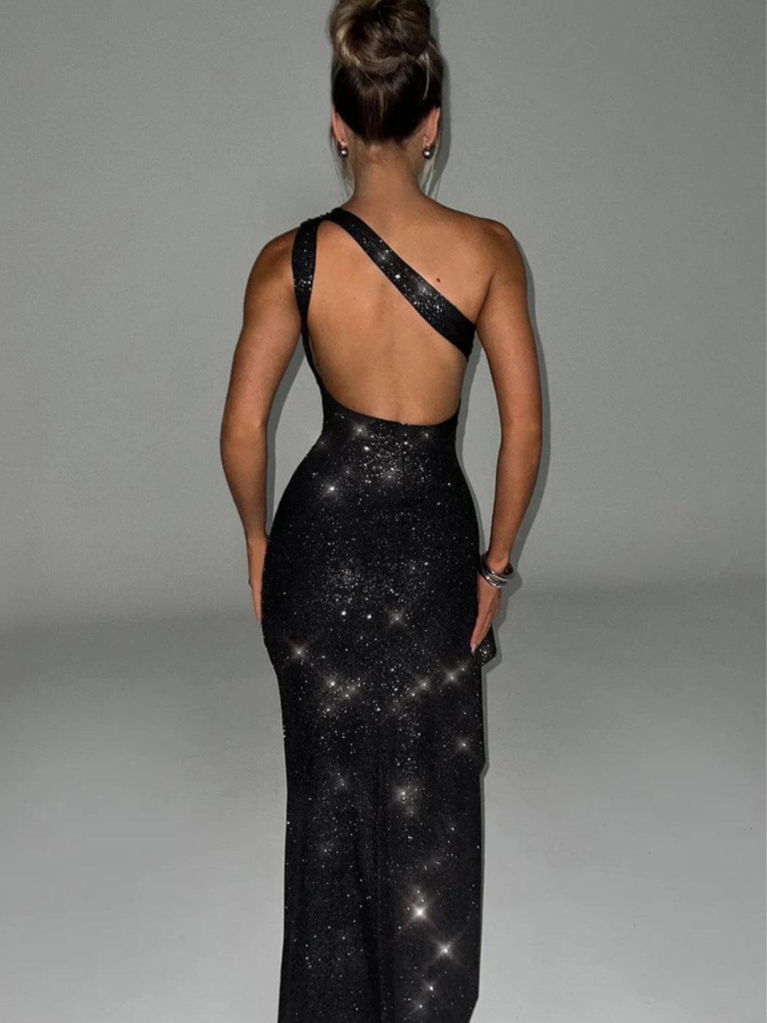 Shimmer One Shoulder Backless High Slit Maxi Dress