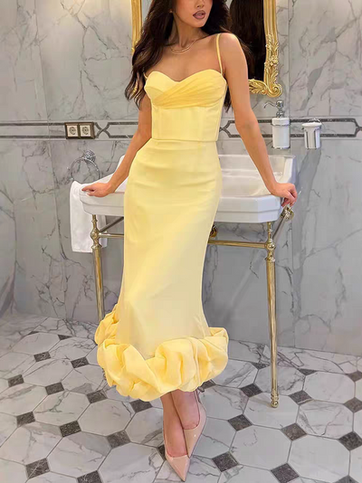 Suspenders Large Swing Three Dimensional Floral Dress in soft yellow with a ruffled hem