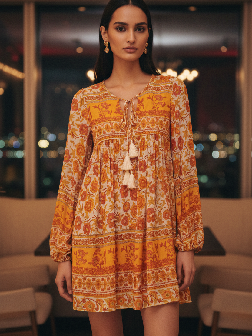 Floral Printed Flare Short Dress by SR Store, orange-yellow floral print, long sleeves, tassel-tie neckline.