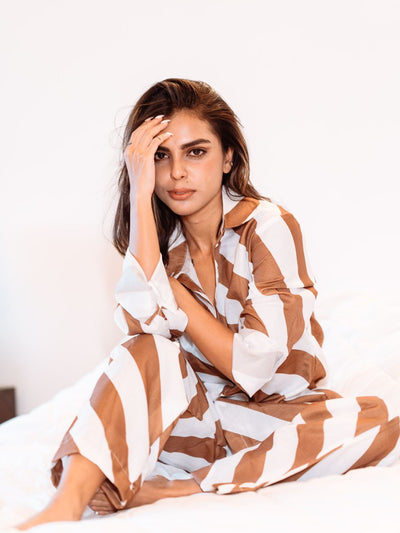 Stripe Print Shirt & Wide Leg Pants Coord Set